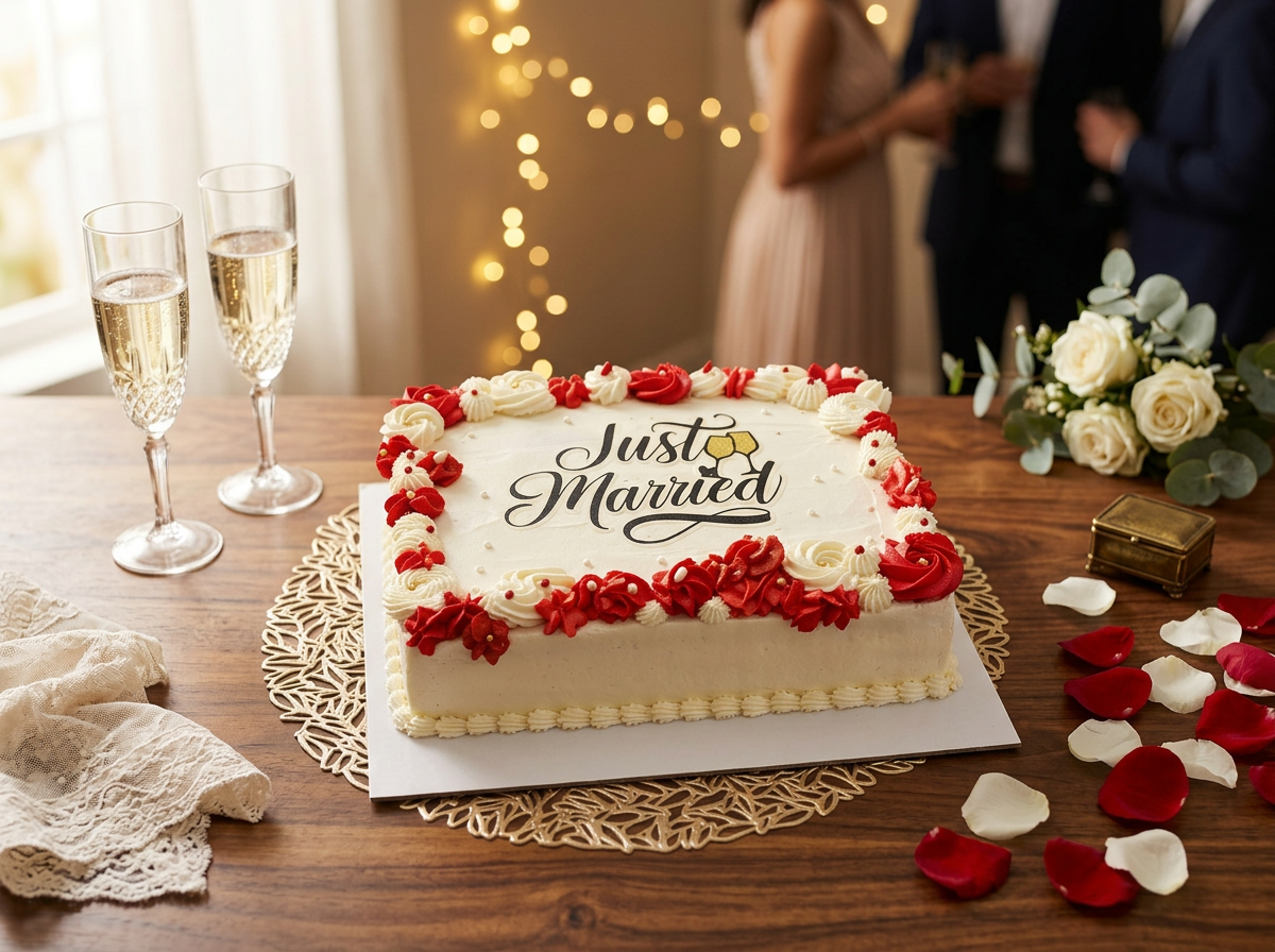 Red & White 'Just Married' Cake — lifestyle view