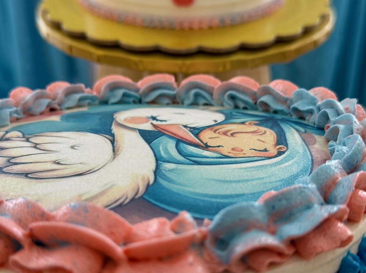 Stork 'Baby On The Way' Shower Cake — closeup view