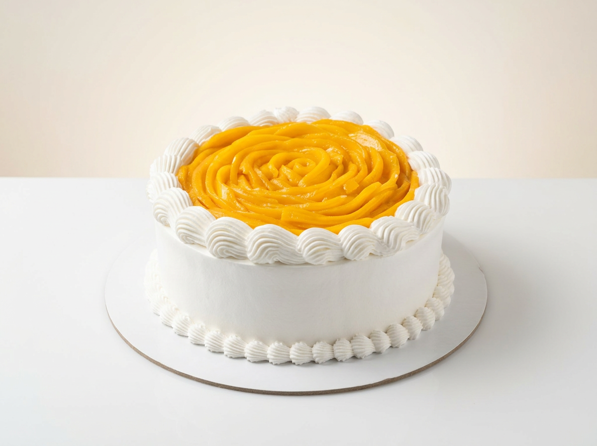 White mango cream cake decorated in a rosette swirl, layered with house-made mango compote