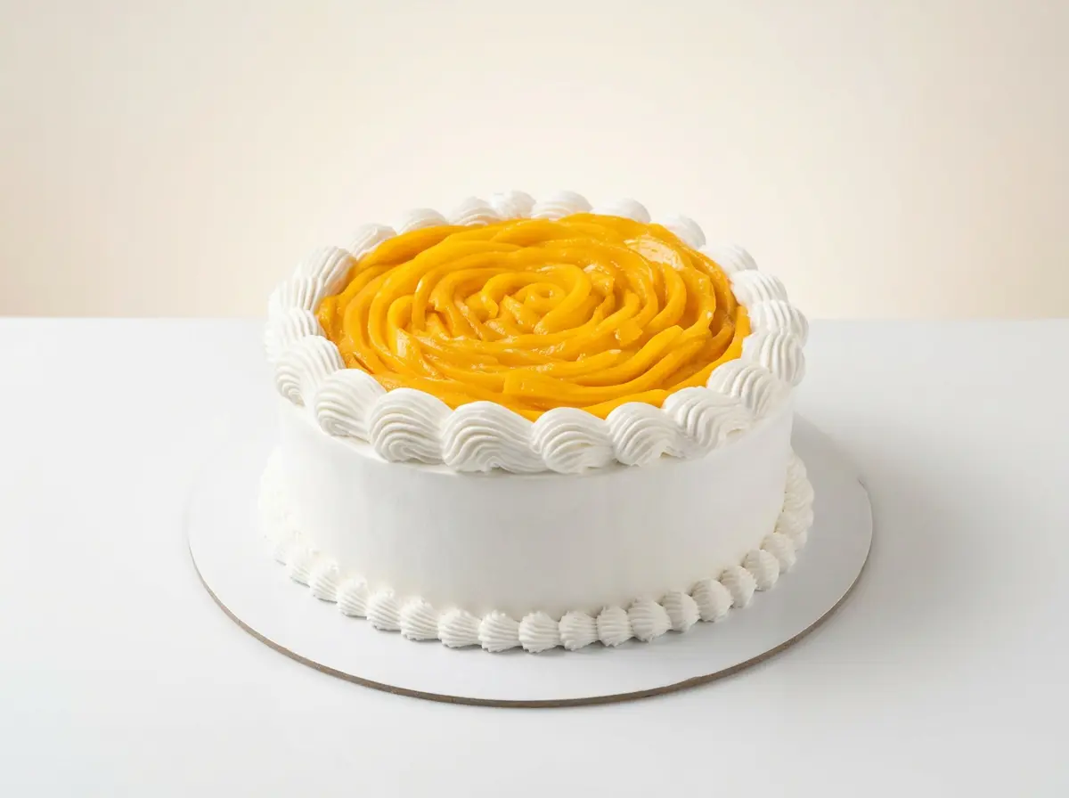 White mango cream cake decorated in a rosette swirl, layered with house-made mango compote