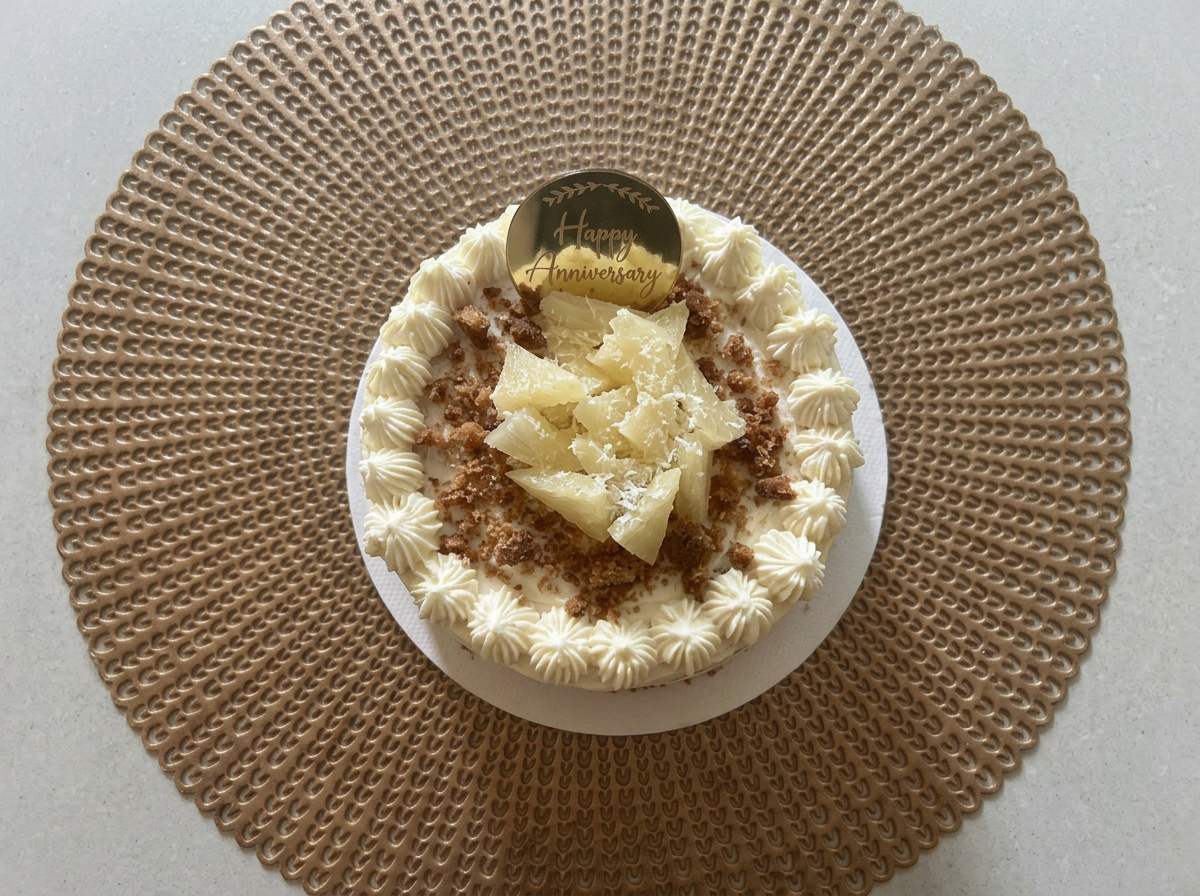 Pineapple Cream Anniversary Cake — topdown view