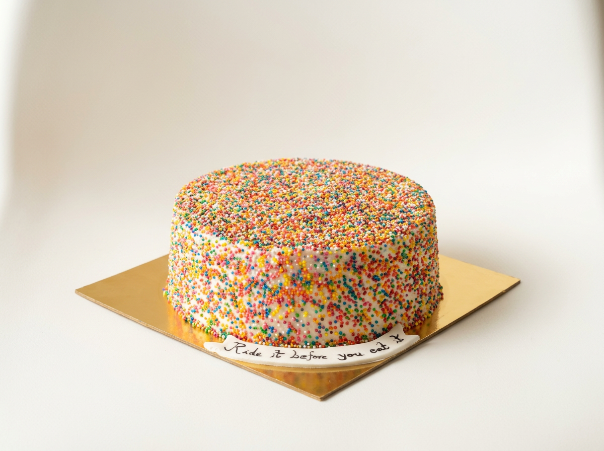 Rainbow Sprinkle Confetti Cake — studio view