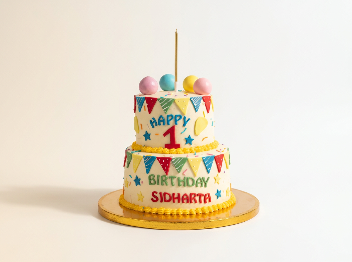 Bunting & Balloons First Birthday Cake — studio view