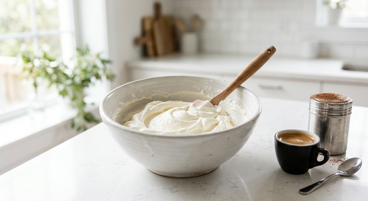 Mascarpone and whipped cream being folded together for eggless tiramisu, with espresso and cocoa