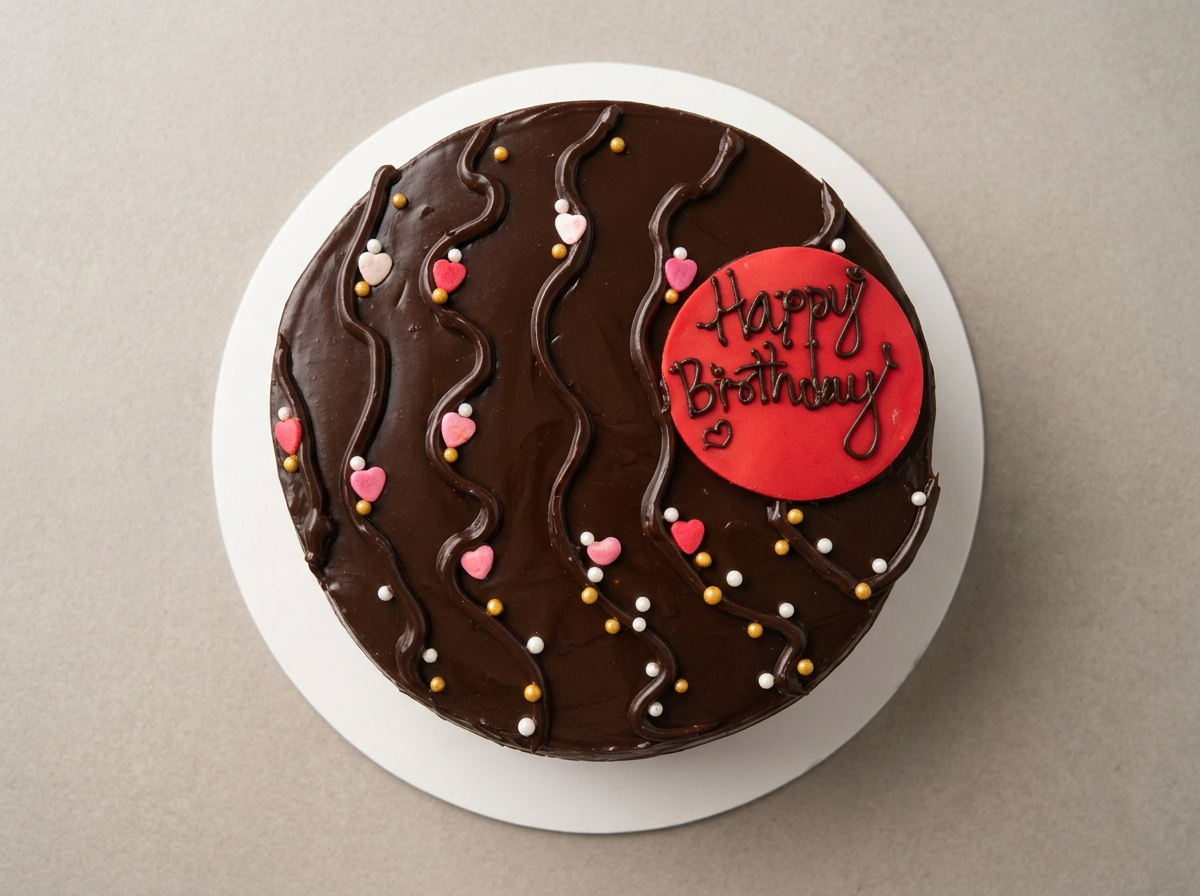 Chocolate & Hearts Birthday Cake — topdown view
