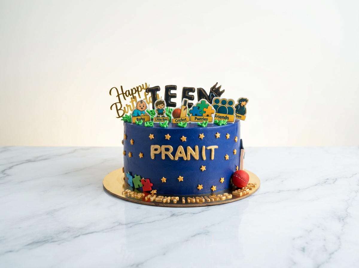 Navy blue cake with gold stars, cricket-themed toppers, a fondant cricket ball and a personalised name