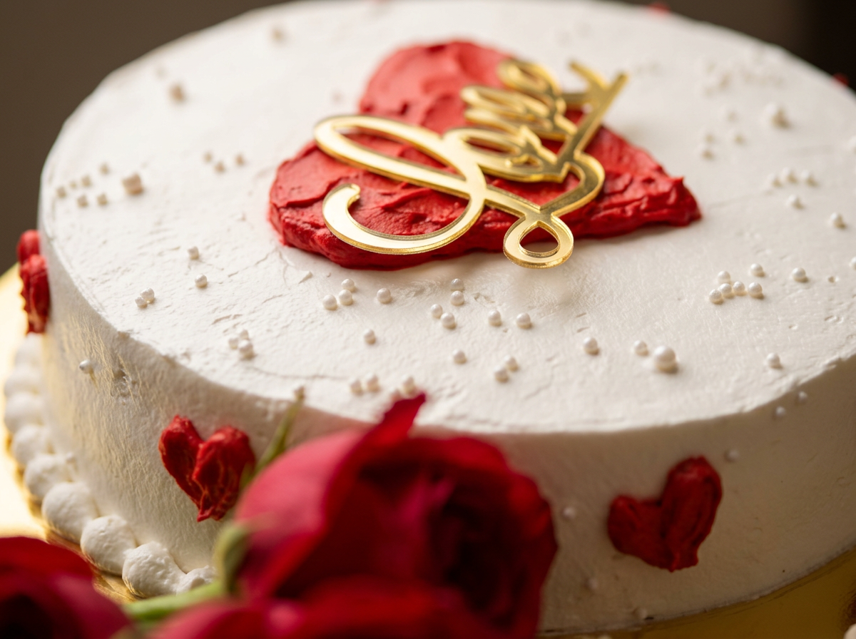 White buttercream cake with a red heart centre and gold Love topper