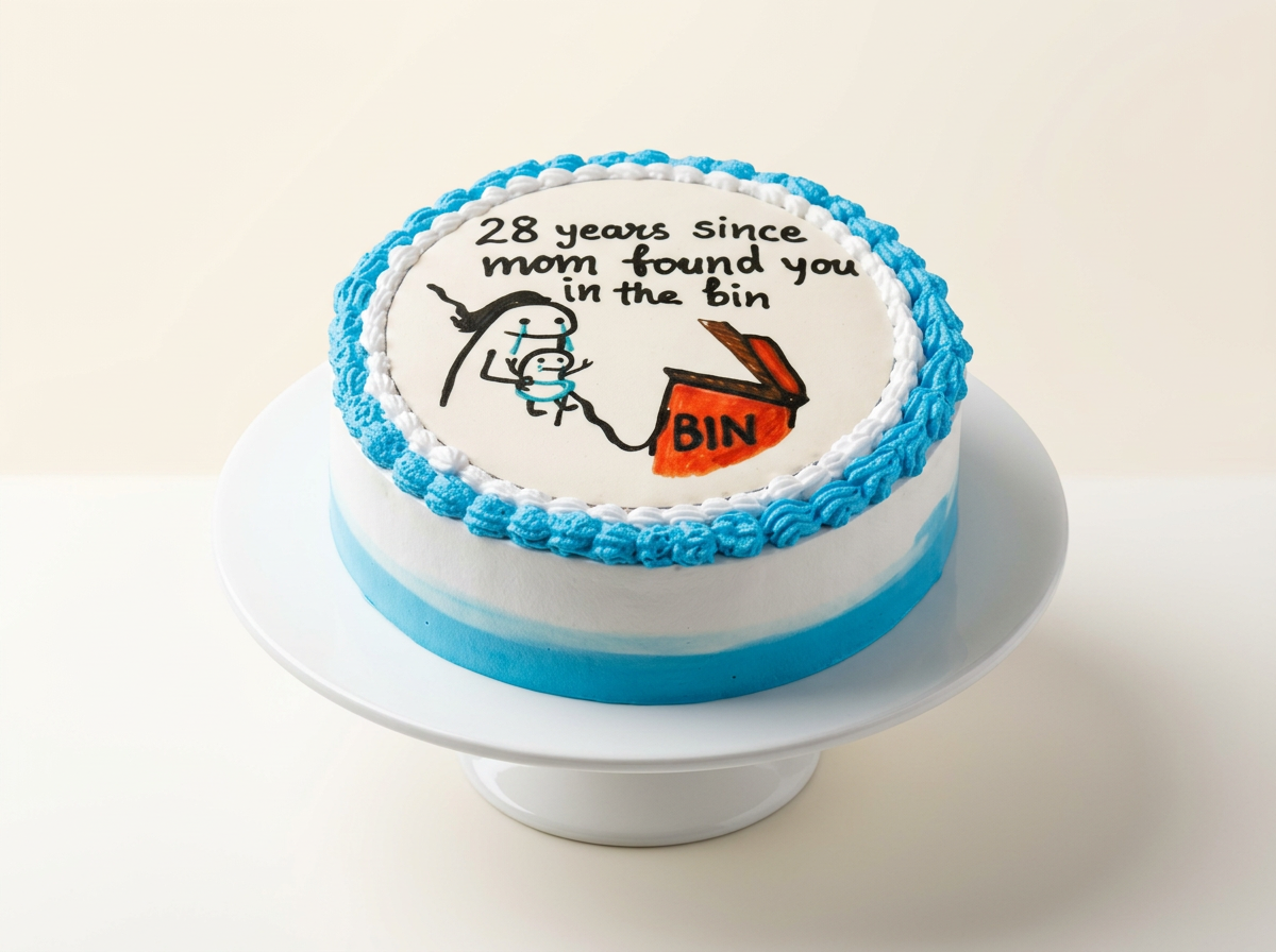 White cake with a blue piped border and a hand-painted cartoon doodle and message on top