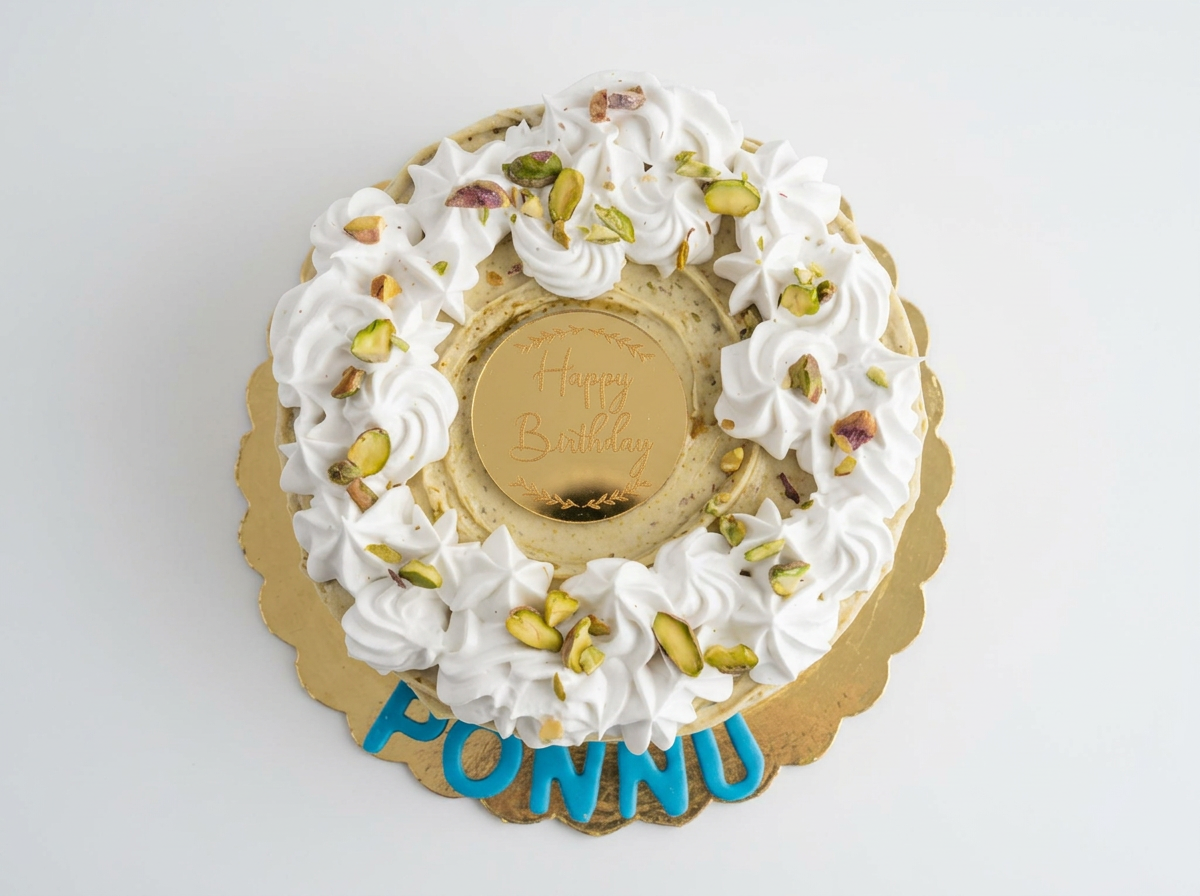 Pistachio Cream Rosette Birthday Cake — topdown view