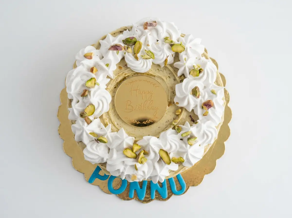 Pistachio Cream Rosette Birthday Cake — topdown view