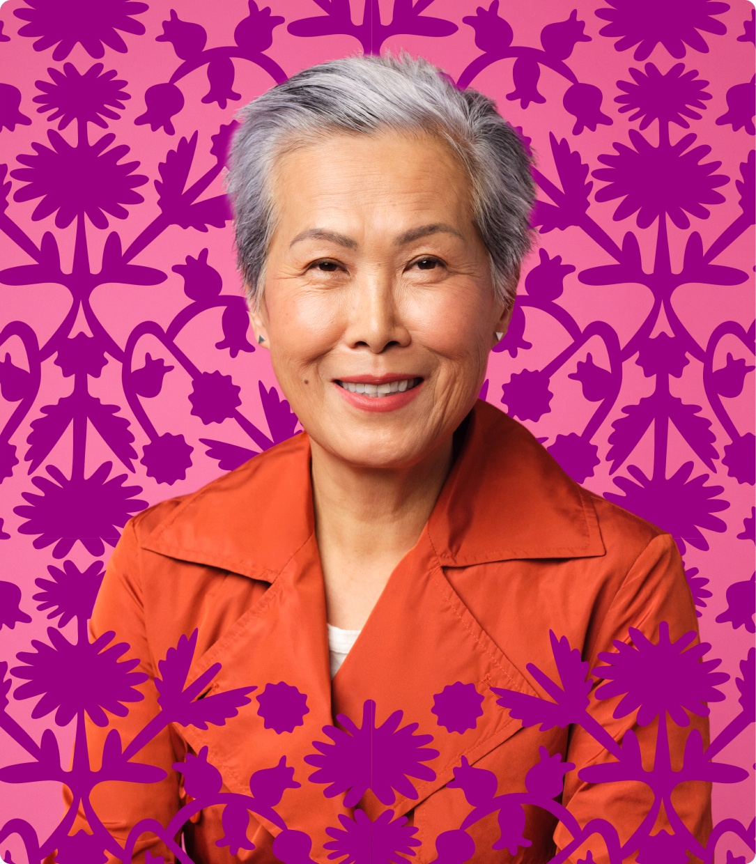 Portrait of woman with flower patterns overlaid