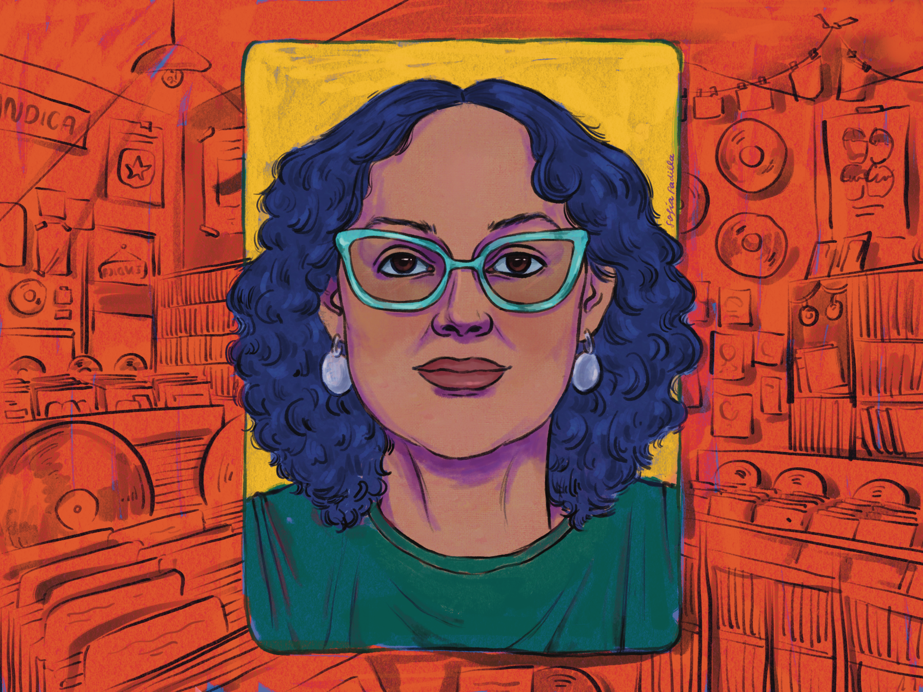 Retrato ilustrado de Priscilla Carballo por la artista Sofía Padilla