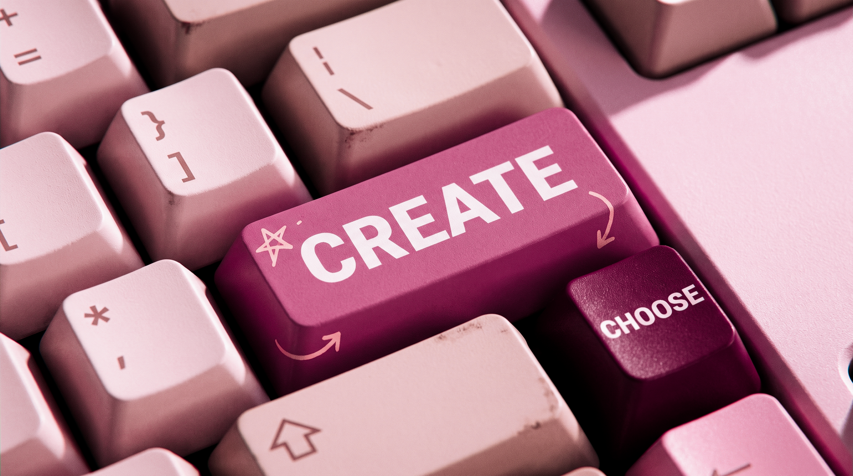 Gros plan éditorial d’un clavier rétro rose et crème, avec les touches CREATE et CHOOSE mises en évidence.
