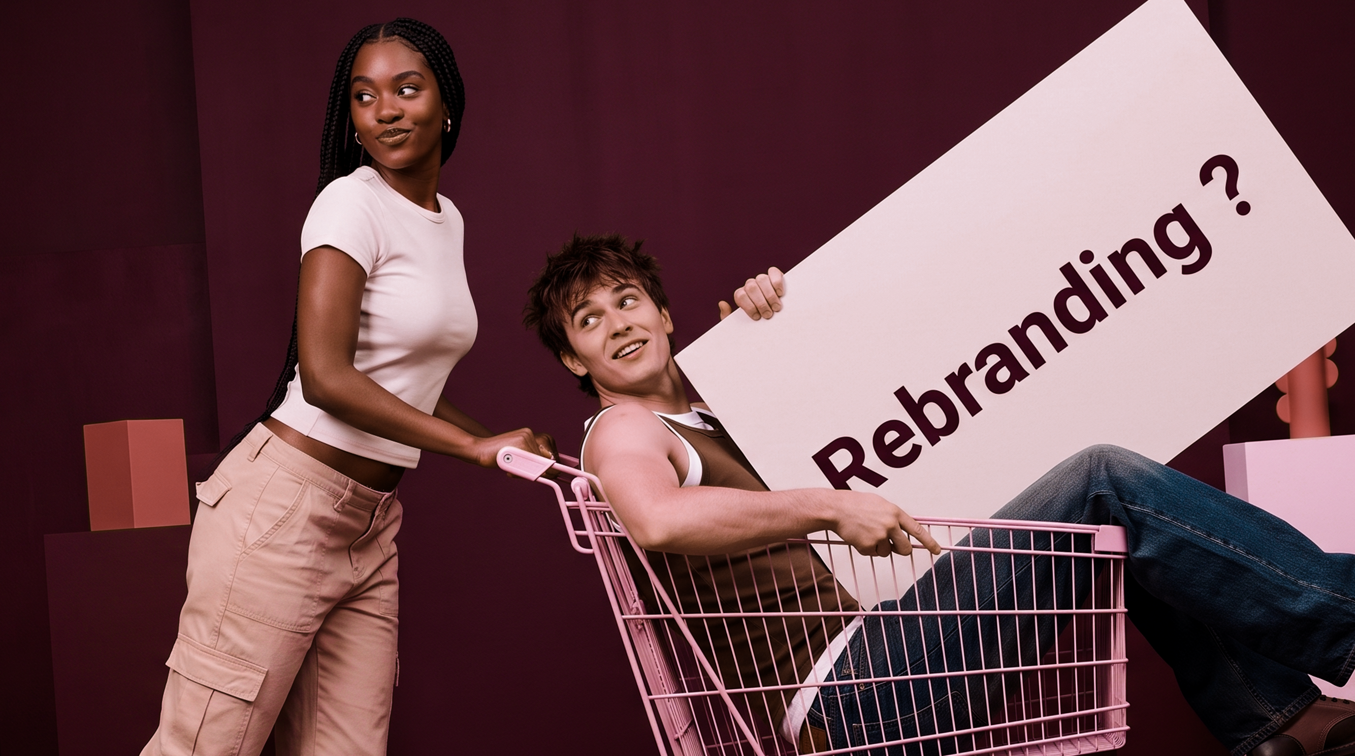 Photographie éditoriale de deux jeunes adultes avec un chariot rose et un panneau Rebranding ?, sur fond bordeaux.