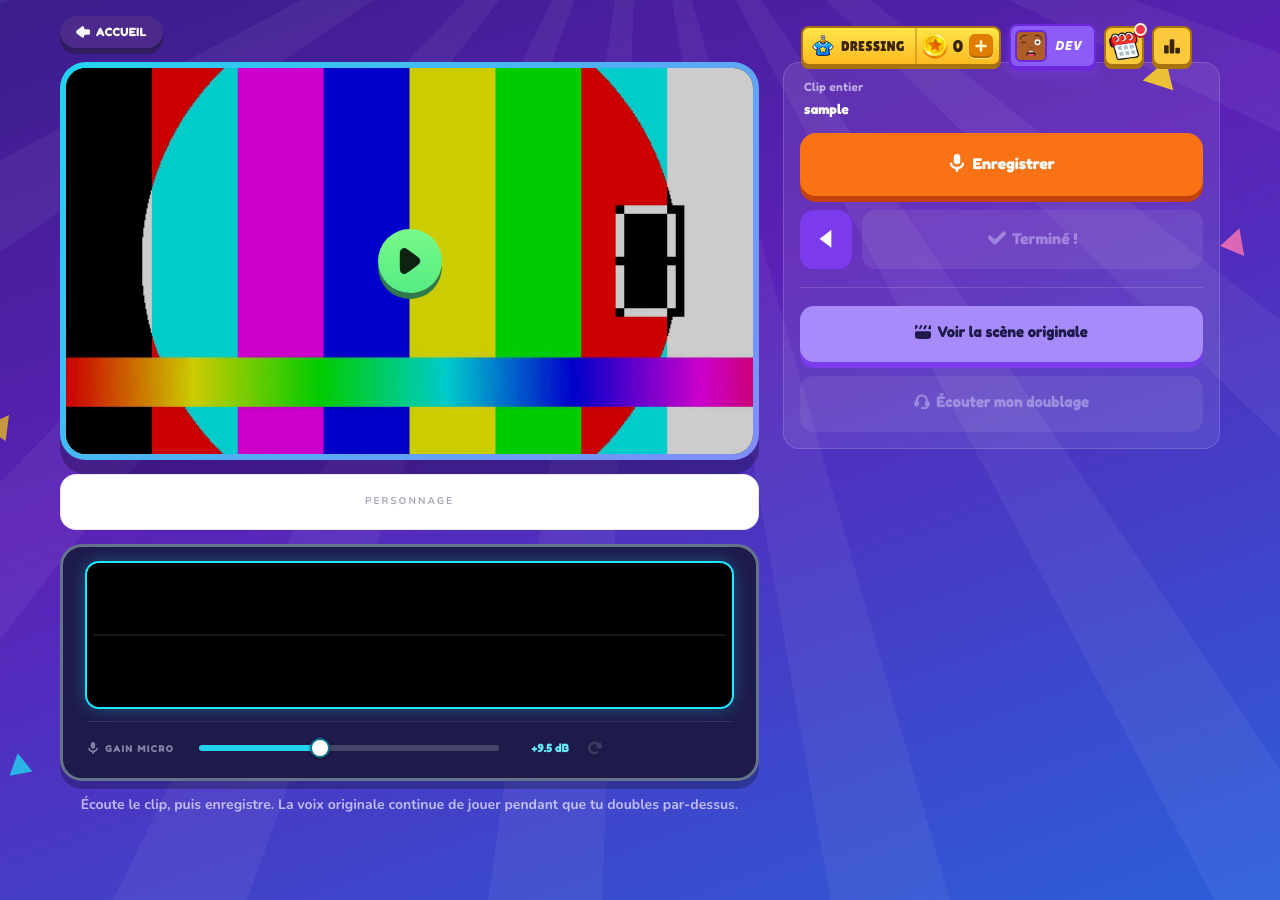The recording screen of a TryToAct solo game, with the Record button and the mic gain setting