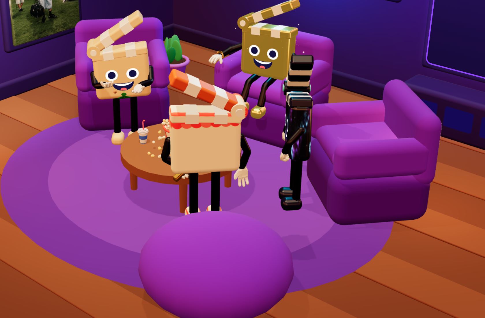 The TryToAct 3D lobby: four clapperboard characters in different skins dancing and playing emotes around a coffee table