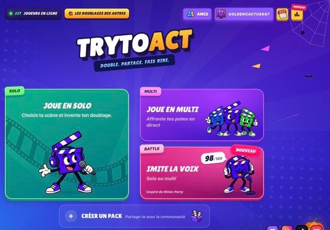 La page d'accueil de TryToAct avec la carte Battle « Imite la voix », à côté des modes solo et multi