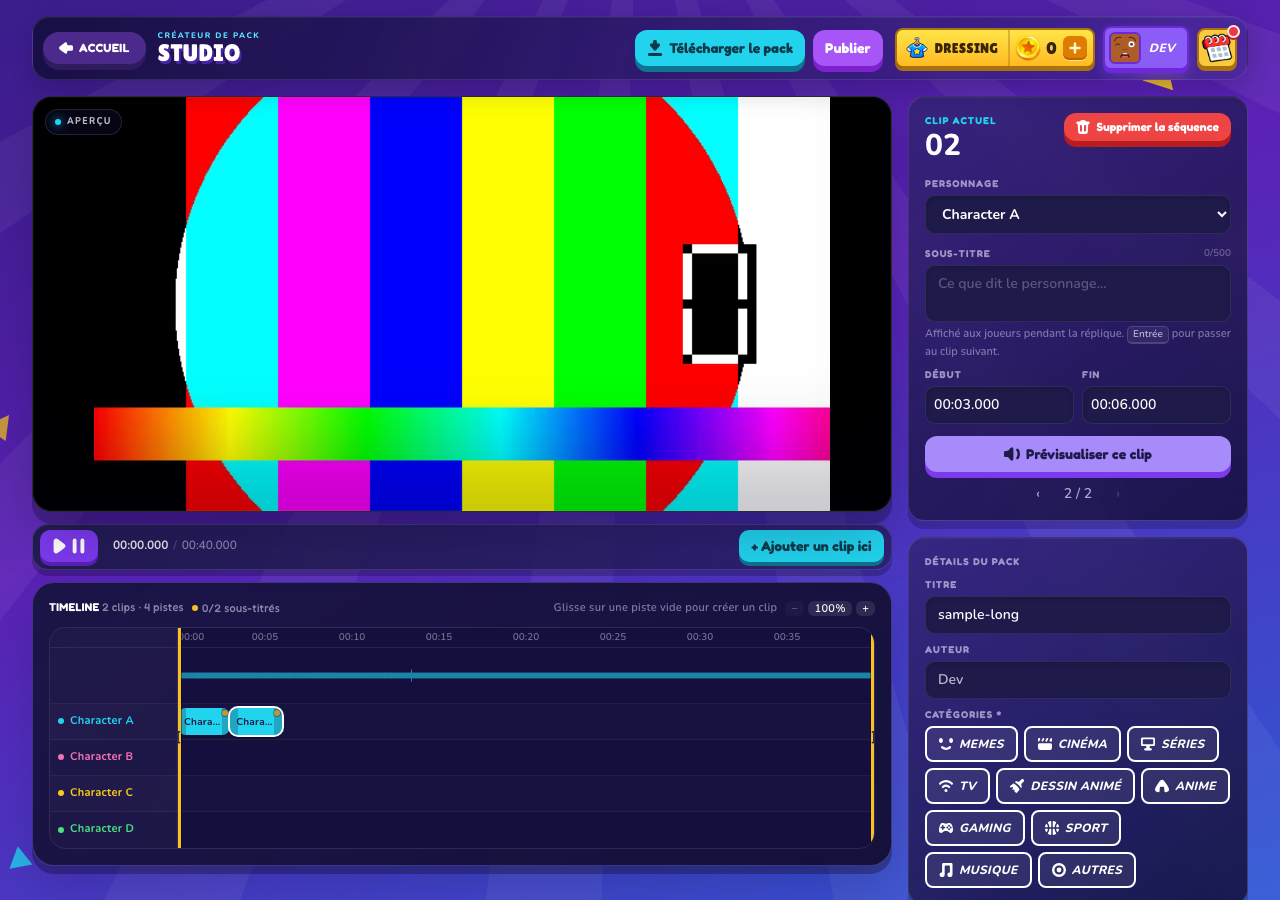 The TryToAct pack creator on PC: cutting a video's lines on the timeline