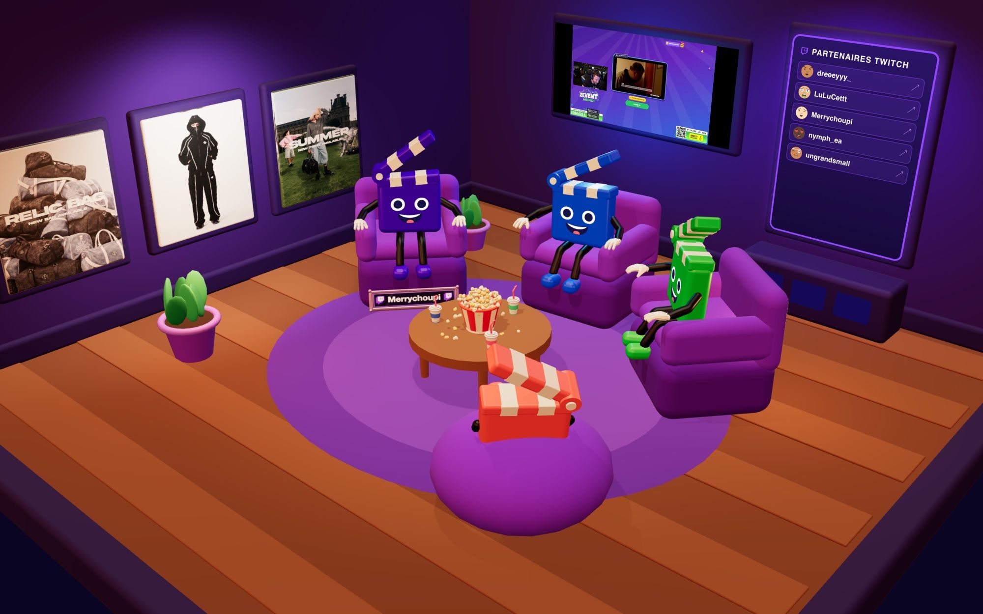 The TryToAct multiplayer lobby, with the TV showing live streams, the Twitch partners board and a Partner streamer nameplate on a seat