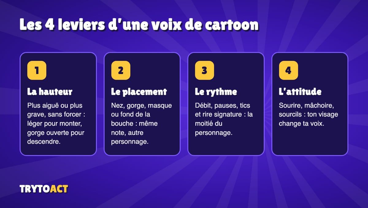 Les quatre leviers pour créer une voix de dessin animé : hauteur, placement, rythme, attitude