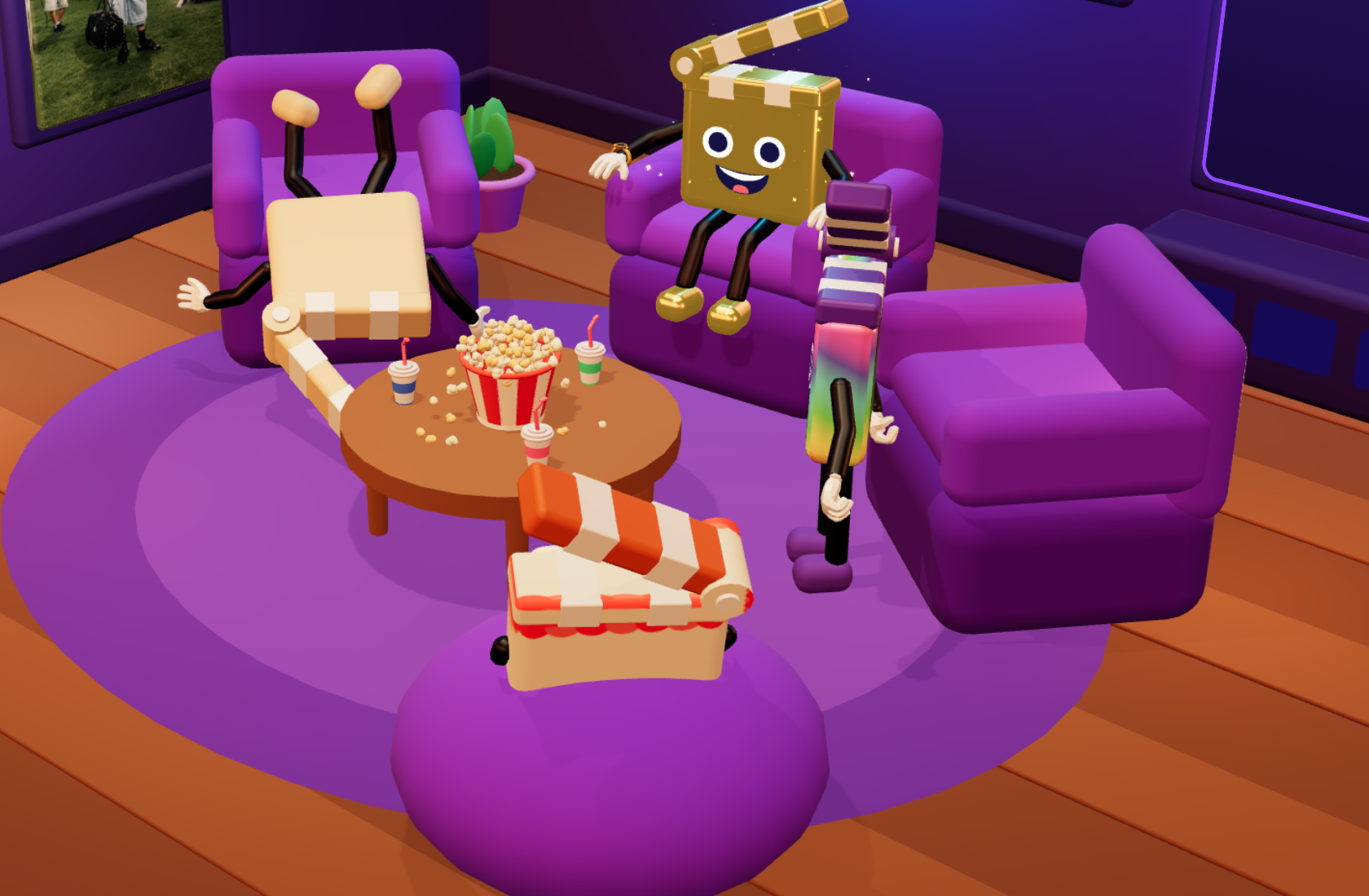 In the TryToAct lobby, a character slapped several times falls backward off their armchair while the others laugh