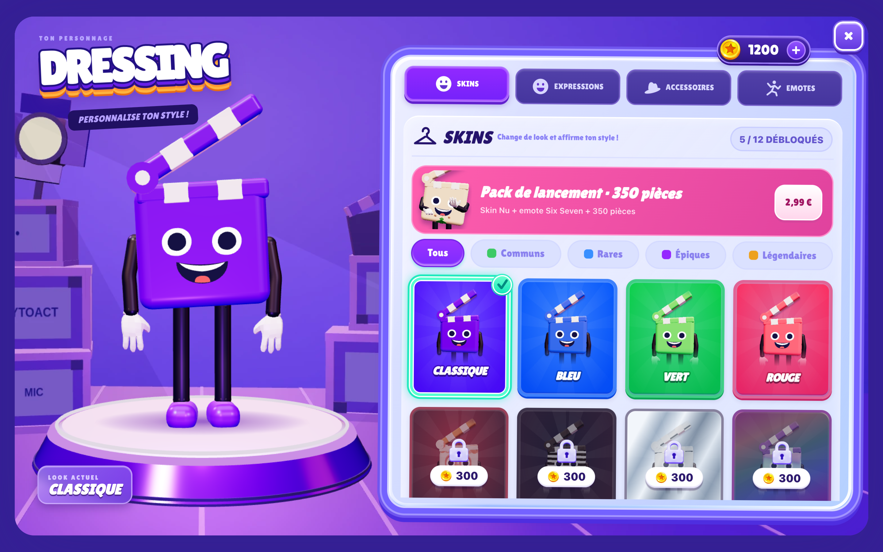 The TryToAct wardrobe: the clapperboard character on the left, skins to unlock with their coin price on the right