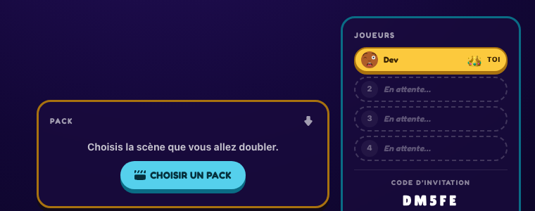 The game room: players already in, empty seats, and the invite code to share