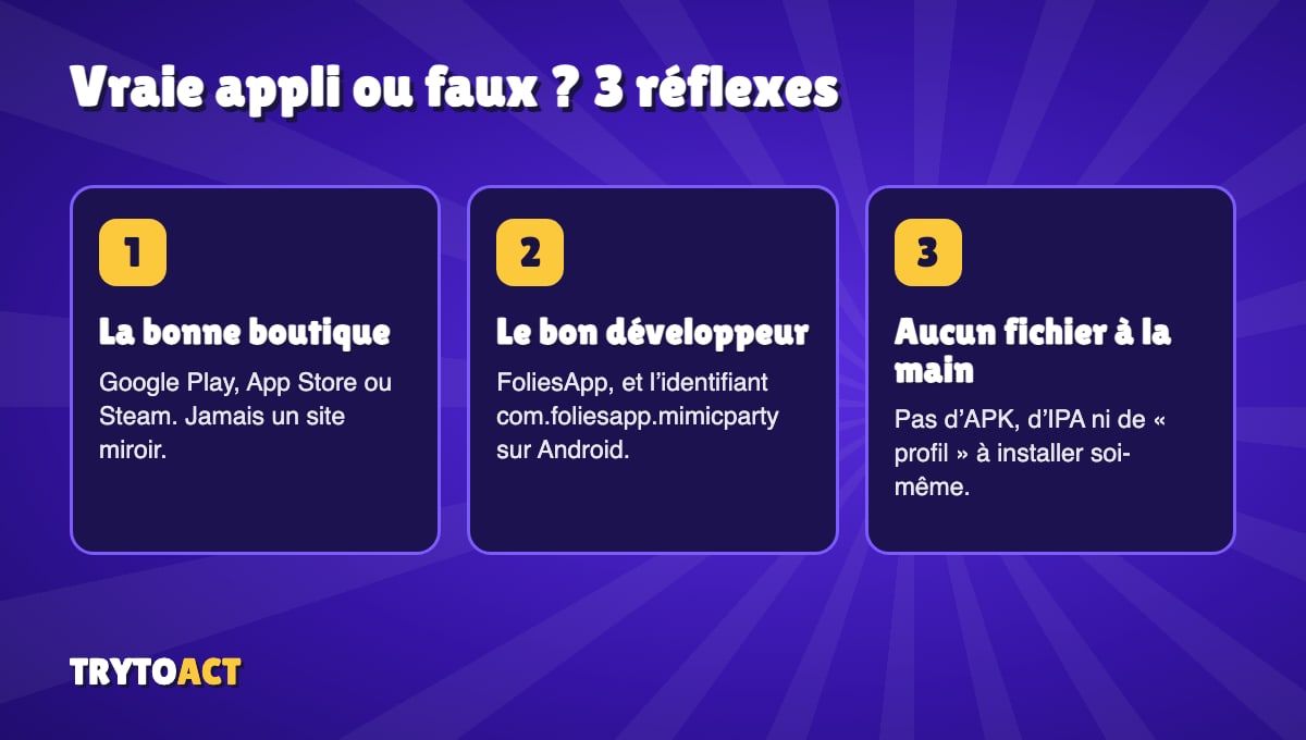 Les trois réflexes pour reconnaître la vraie appli Mimic Party : bonne boutique, bon développeur, pas de fichier à installer à la main