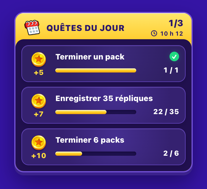 The TryToAct Daily quests panel: three quests with their progress and coin reward (+5, +7 and +10)