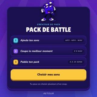 Les trois étapes du studio de pack Battle : ajoute tes sons, coupe le meilleur moment, publie ton pack