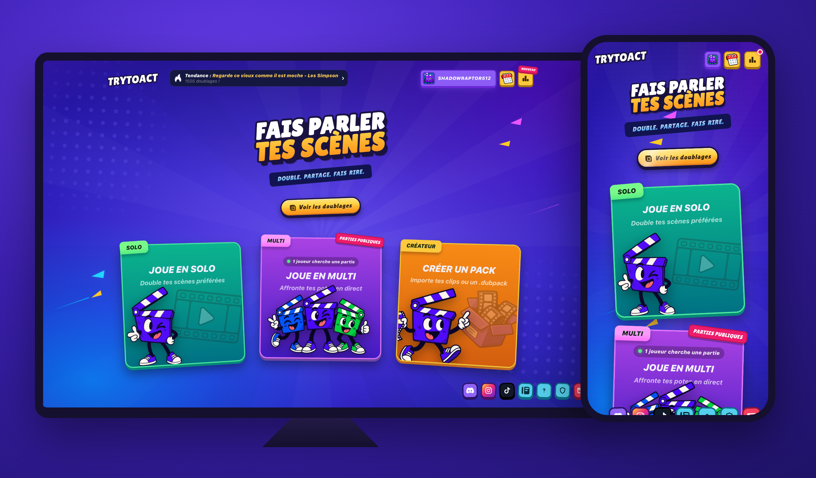 The TryToAct home page on a PC screen and on a smartphone, with the Solo, Multiplayer and Create a pack modes