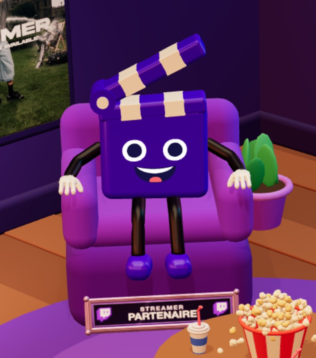 A Twitch Partner streamer nameplate on a seat in the TryToAct lobby