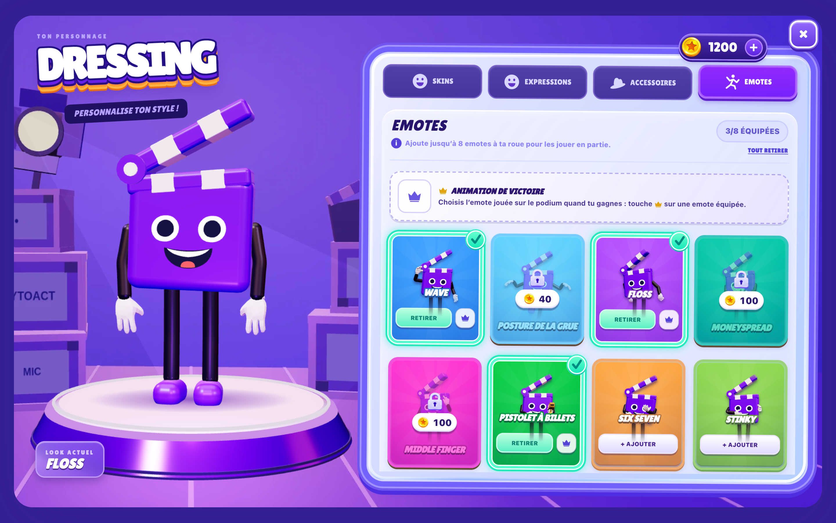 The Emotes tab of the TryToAct wardrobe: equipped emotes, emotes to unlock with coins and the victory animation