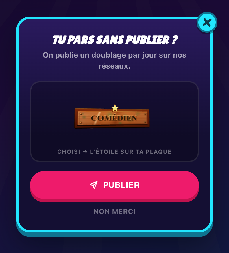 The publish window: the 3D rank plate with the star you earn if your dub is picked