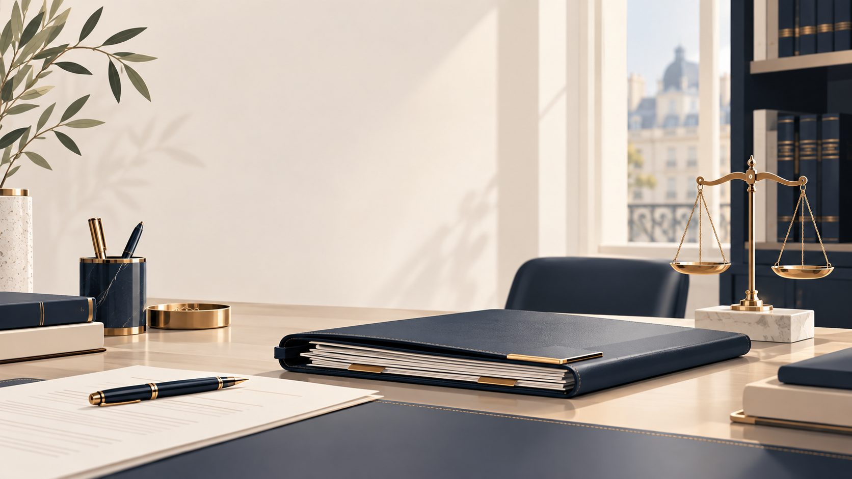 Bureau d’avocat avec des documents juridiques et une balance de justice.