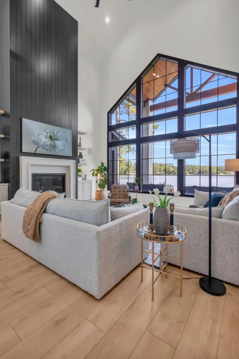 Living room with a black shiplap fireplace wall, a gabled black-framed window, and a floor lamp.