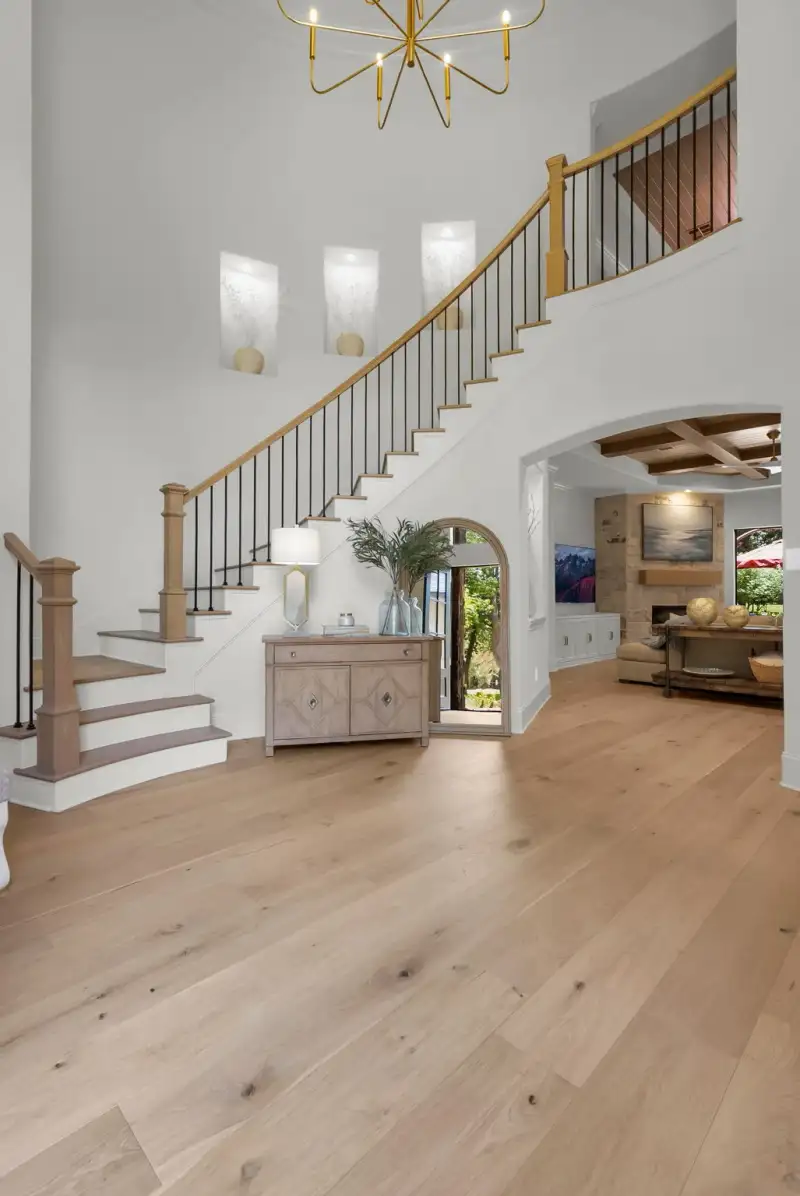 Two-story foyer with a brass chandelier, a curved staircase with iron balusters, and an arched doorway to the outside.