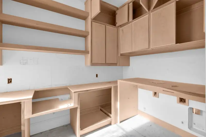 Unfinished room with an L-shaped wood counter, upper cabinets, and open shelves.