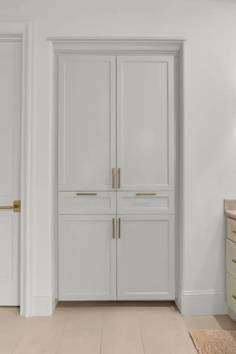 Tall gray storage cabinet with brass pulls and two drawers, beside a door.