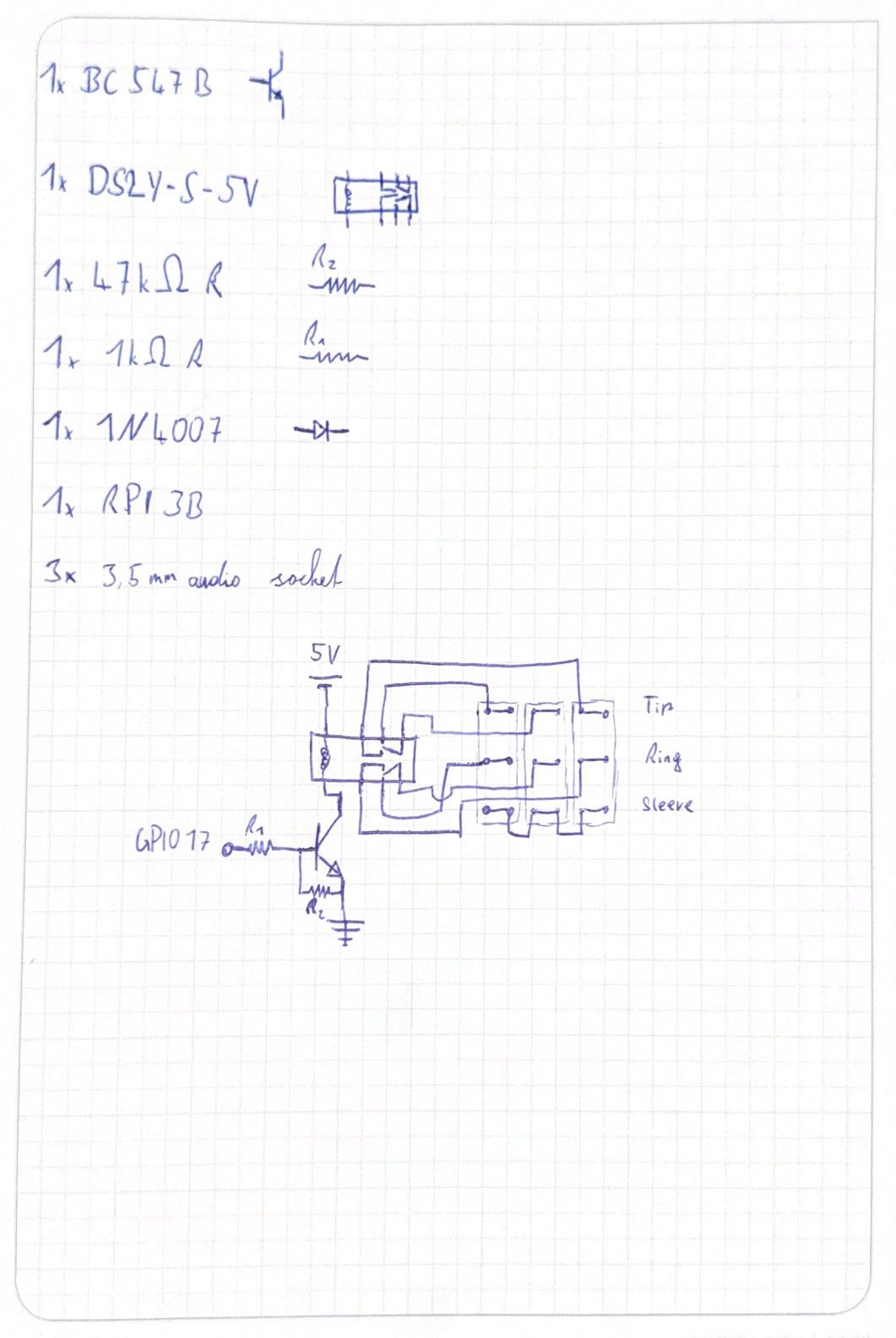 Hand-drawn circuit sketch and component list showing a DS2Y-S-5V relay, BC547B transistor, resistors, GPIO 17 and three stereo audio connections.
