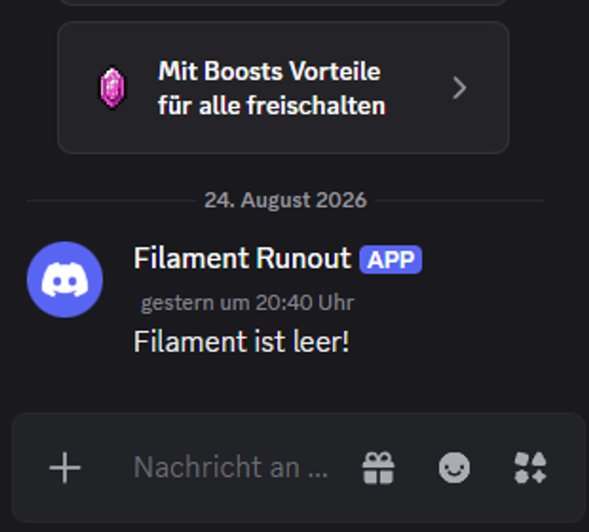 Screenshot of the filament runout discord notification
