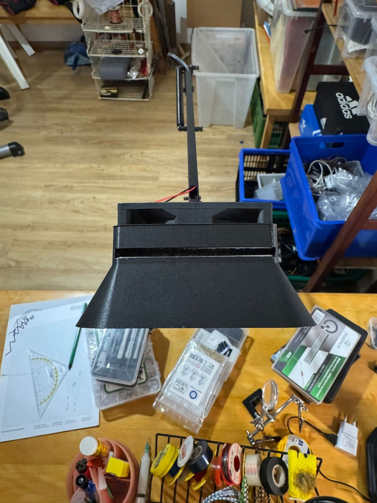 Top view of the fume extractor showing the mounted 12V 90mm fan