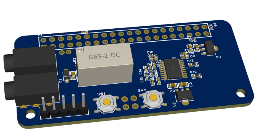 Angled 3D render of the audio HAT showing two 3.5 mm audio jacks, G6S-2 relay, PCM5102A circuitry, two buttons, and Raspberry Pi header.