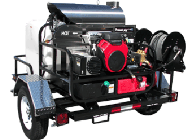 Pressure-Pro Pro Super Skid Tow Pro hot water trailer with burner, water tank and twin hose reels