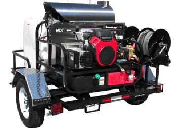 Pressure-Pro Pro Super Skid Tow Pro hot water trailer with burner, water tank and twin hose reels