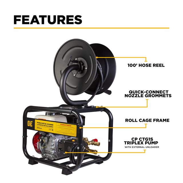 3,100 PSI 3.1 GPM Mobile Detail Pressure Washer, Roll Cage with Hose Reel - B3165HRAS