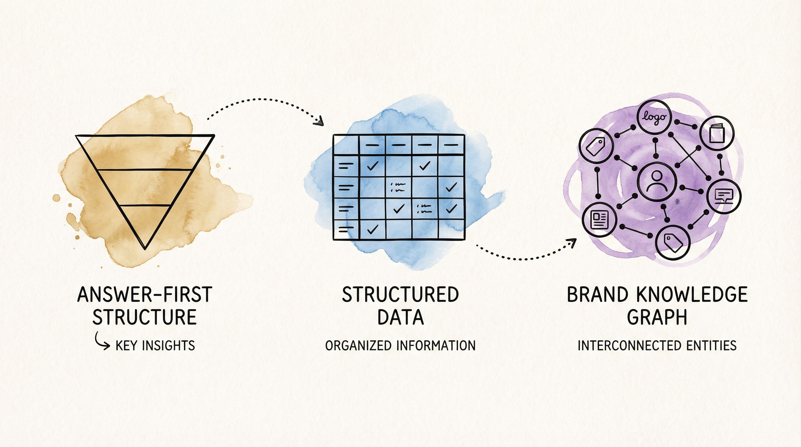 Three pillars of GEO content strategy: inverted pyramid for BLUF format, structured grid for fact density, and connected network for brand knowledge graph