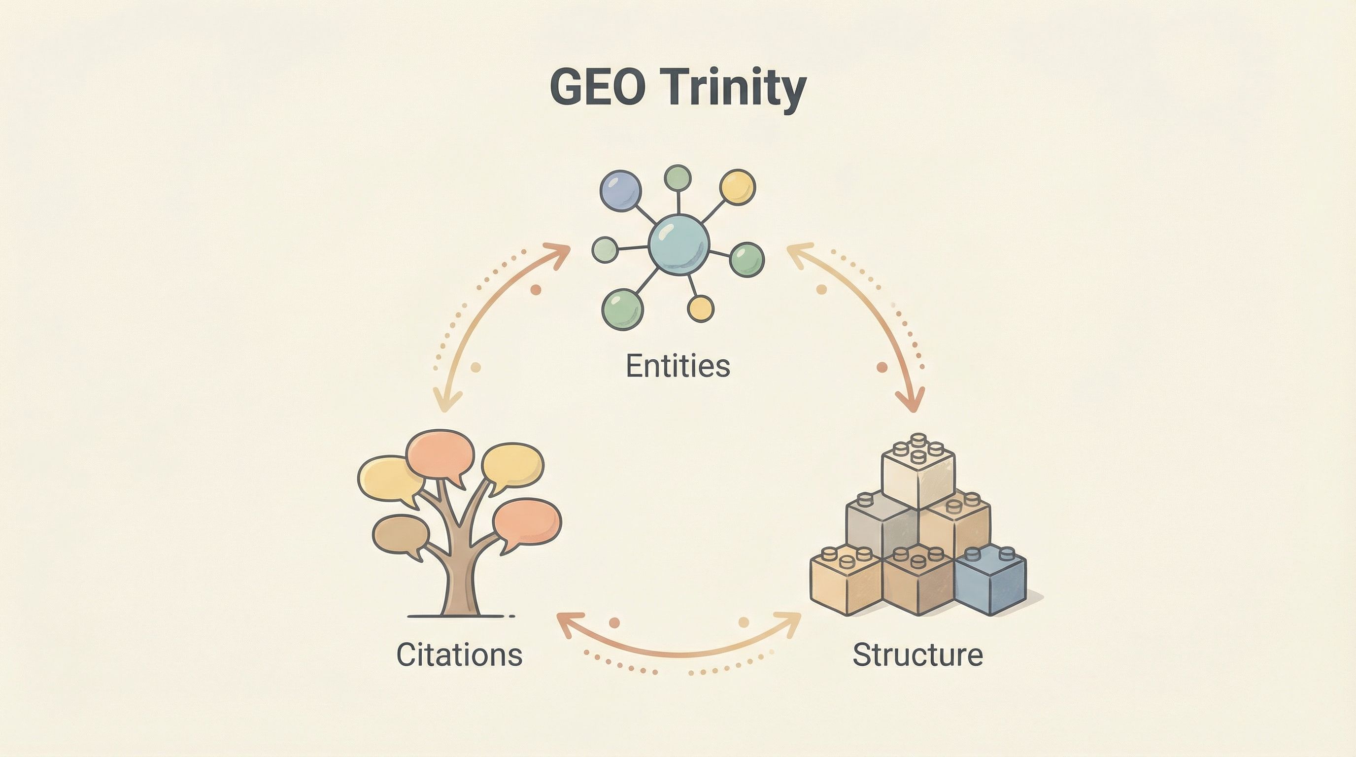 GEO Trinity framework diagram showing three interconnected pillars: Entities (brand associations), Citations (mentions and proof), and Structure (schema markup)
