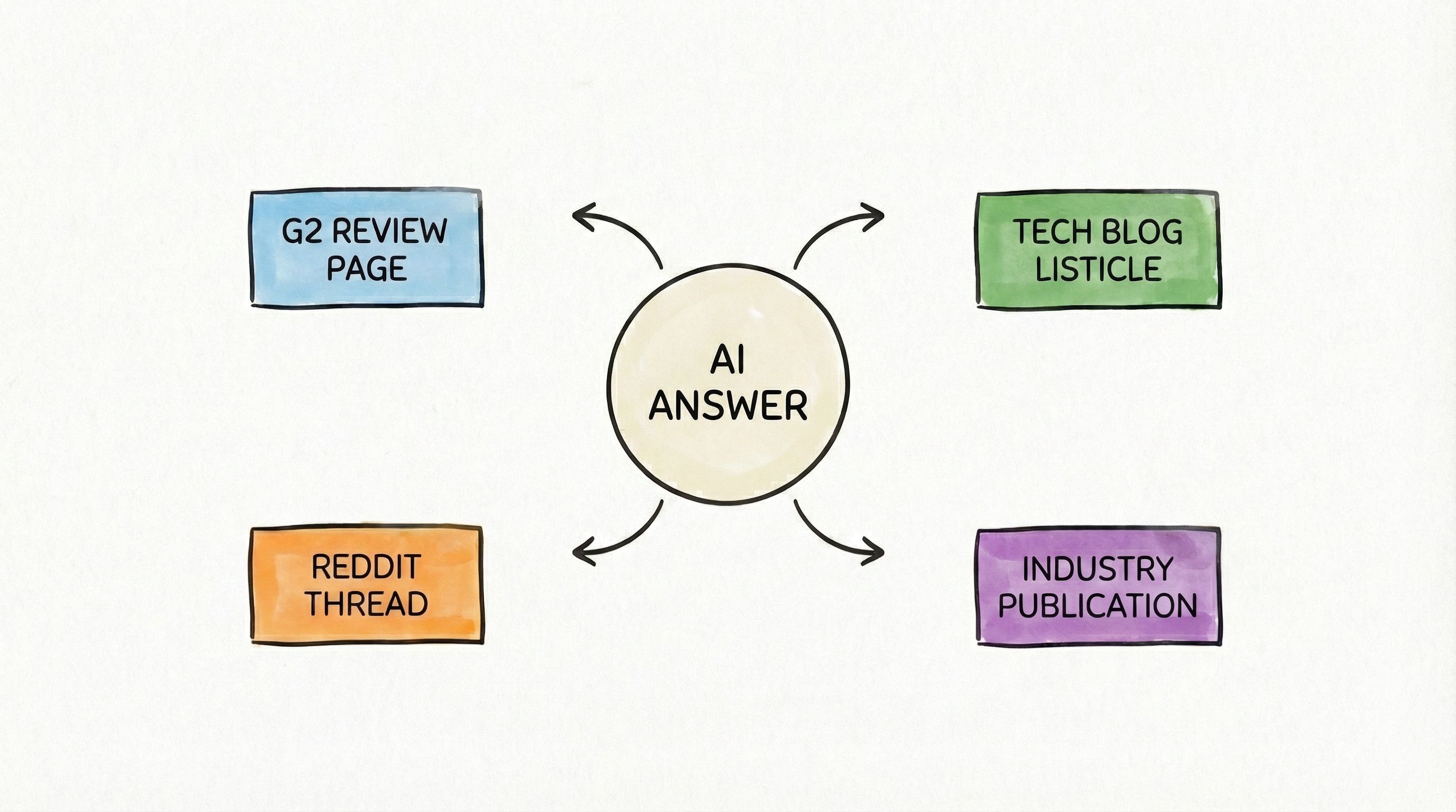 Diagram showing AI Answer in center with bidirectional arrows connecting to four citation sources: G2 Review Page, Tech Blog Listicle, Reddit Thread, and Industry Publication