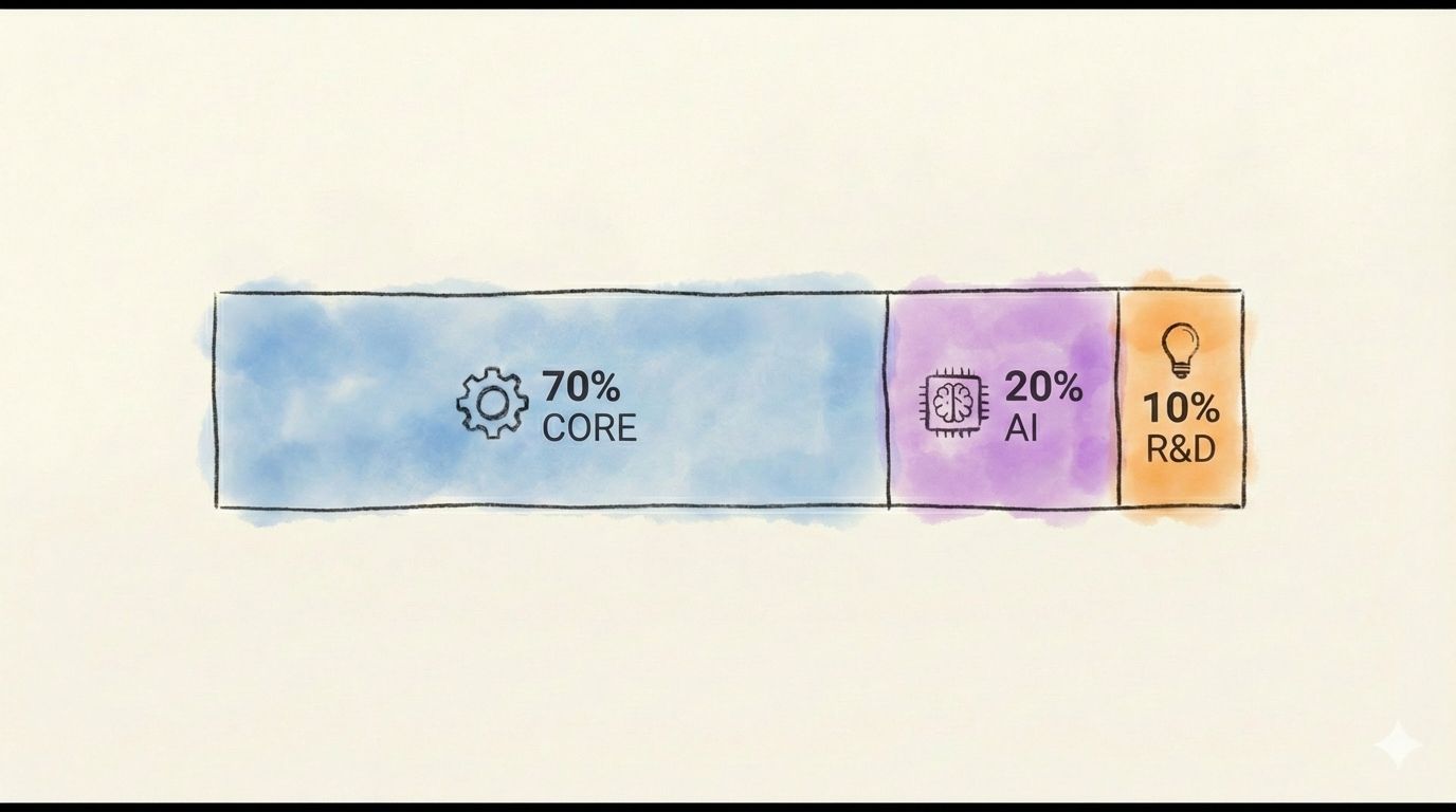 Marketing budget allocation chart showing 70% Core Performance, 20% AI and GEO, 10% R&D experimentation for 2026